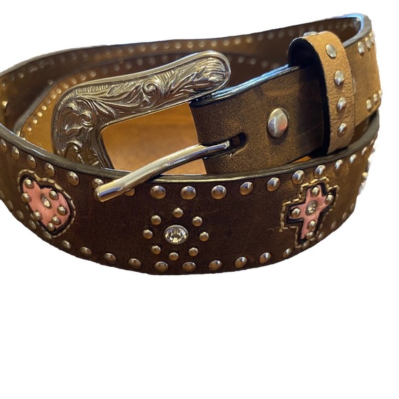 Nocona Other - Nocona Brown and Pink Crystal Cross & Hearts Belt Sz 28, Bling Western Gowgirl